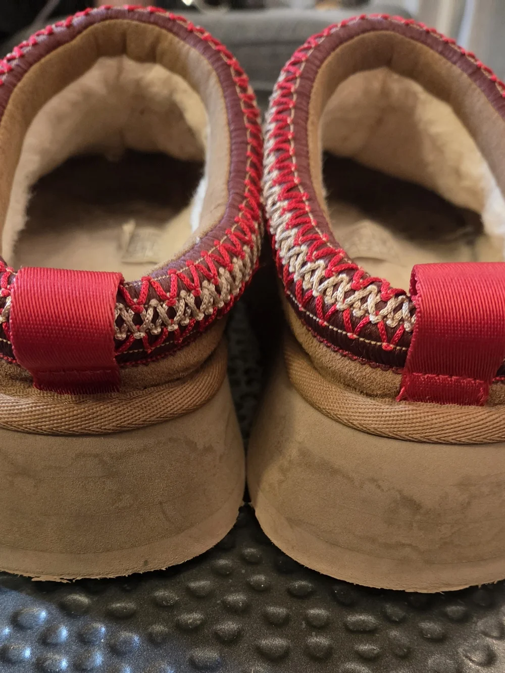 UGG Chestnut Suede Slip-On Moccasin with Red & Cream Trim